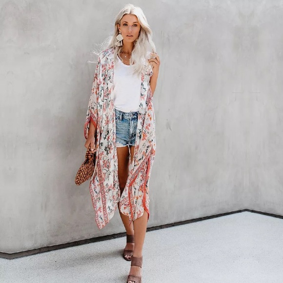 Picnic Date Tangerine & Sage Floral Kimono Top - Picture 4 of 15